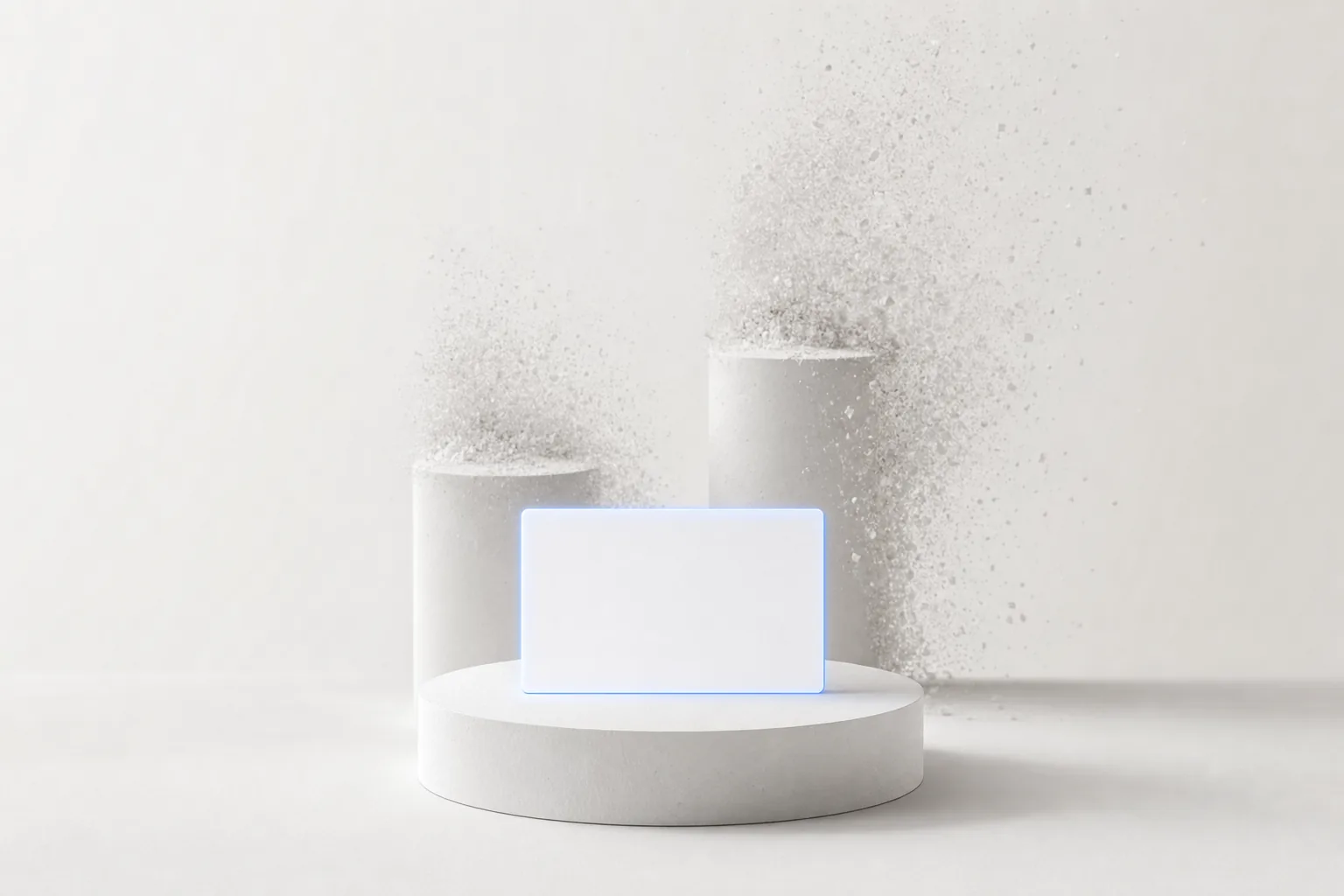 Three pricing pedestals, two dissolving into dust, one solid pedestal holding a single blank card lit in blue.