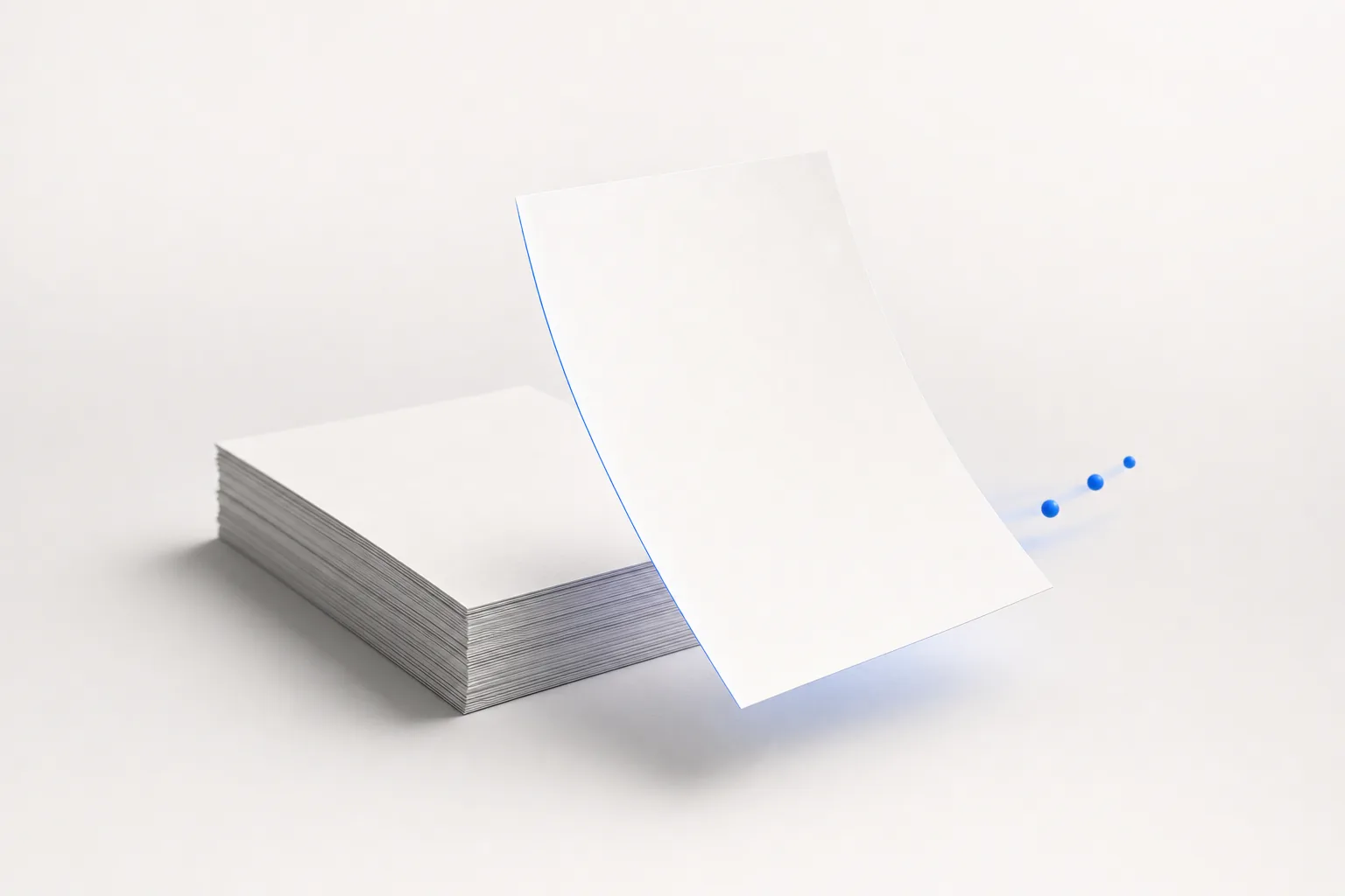 A single sheet of paper lifting ahead of a stack, edge-lit in blue.