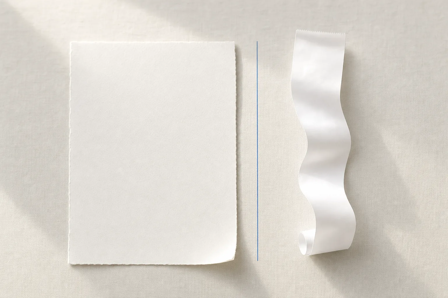 A blank sheet of cotton paper beside a curling thermal receipt strip, separated by a thin blue line.