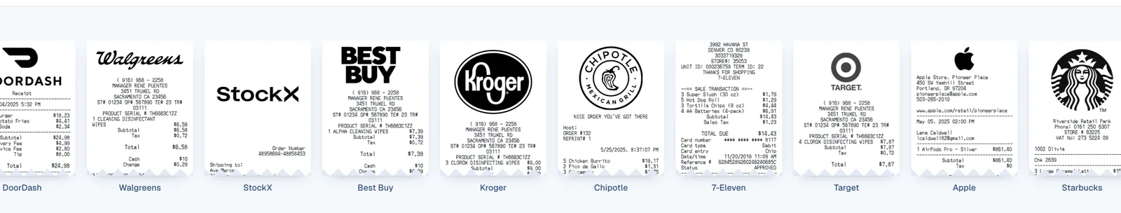 A row of receipt templates on receiptsmaker.com, including DoorDash, Walgreens, StockX, Best Buy, Kroger, Chipotle, 7-Eleven, Target, Apple, and Starbucks.